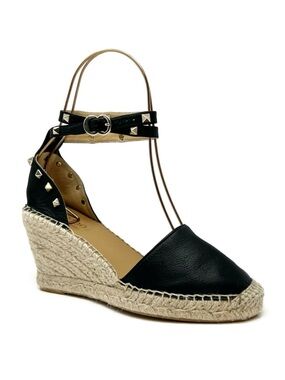 Maypol Studded Leather Wedge Espadrilles Size 39/ Black Leather Gold Studs